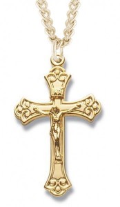 Women's 14kt Gold Over Sterling Silver Scroll Tip Crucifix + 18 Inch Gold Plated Chain &amp; Clasp [HMR0503]