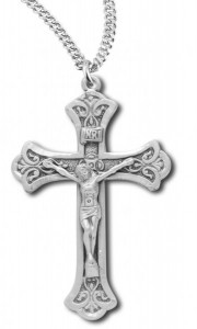 Women's or Boy's Sterling Silver Ornate Tip Matte Finish Crucifix Necklace with Chain [HMR0817]