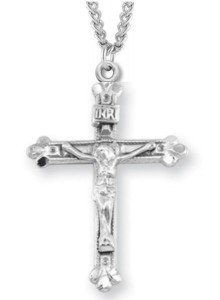 Women's or Boy's Crucifix Necklace with Beaded Border, Sterling Silver with Chain [HMR1036]