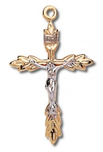 Women's 14kt Gold Over Sterling Silver Two-tone Wheat Sheaf Tip Crucifix + 18 Inch Gold Plated Brass Chain [HMR0489]