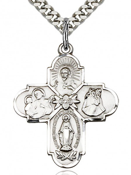 4 Way Cross Pendant, Sterling Silver - 24&quot; 2.4mm Rhodium Plate Chain + Clasp