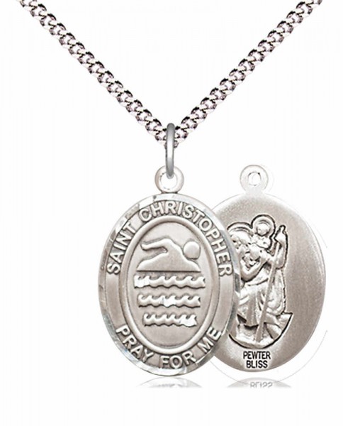 Boy's Pewter Oval St. Christopher Swimming Medal - 18&quot; Rhodium Plated Heavy Chain + Clasp