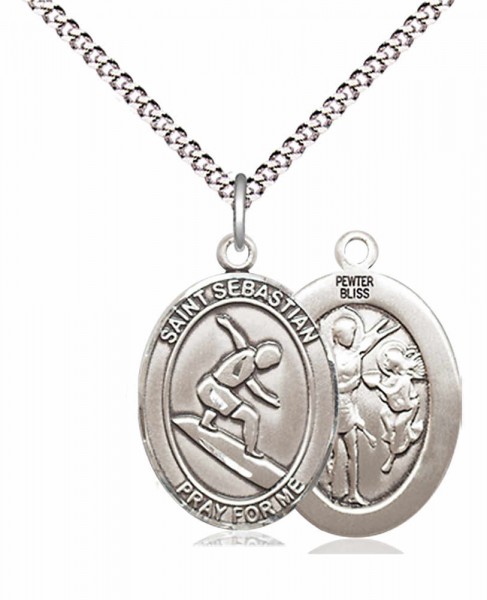 Boy's Pewter Oval St. Sebastian Surfing Medal - 18&quot; Rhodium Plated Medium Chain + Clasp