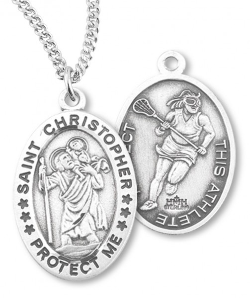 Girl's Oval Double-Sided Lacrosse Necklace with Saint Christopher in Sterling Silver - 18&quot; 2.2mm Stainless Steel Chain + Clasp