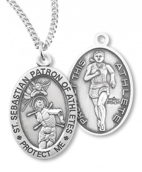 Girl's Oval Double-Sided Track Necklace with Saint Sebastian Back in Sterling Silver - 18&quot; 1.8mm Sterling Silver Chain + Clasp