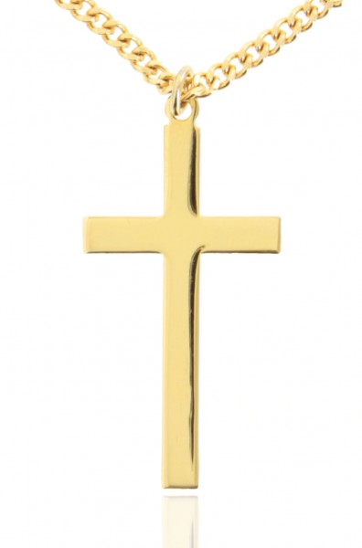 Men's High Polish Classic Plain 16K Gold Plated Cross Necklace + 24 2.4mm Endless Gold Plated Chain