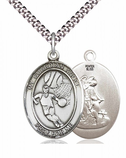 Men's Pewter Oval Guardian Angel Basketball Medal - 20&quot; Rhodium Plate Chain + Clasp