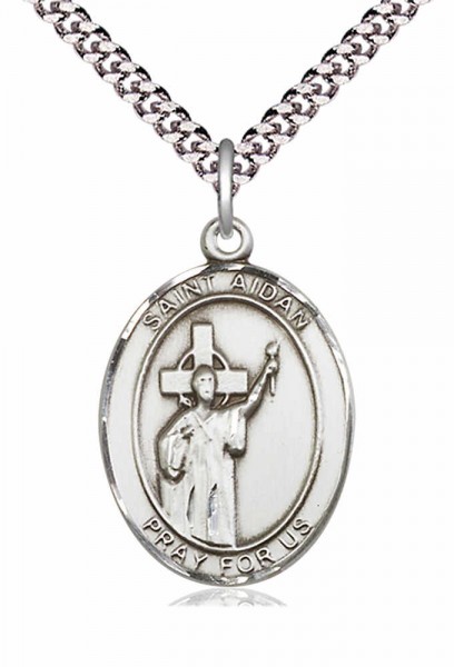 Men's Pewter Oval St. Aidan of Lindesfarne Medal - 20&quot; Rhodium Plate Chain + Clasp