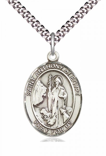 Men's Pewter Oval St. Anthony of Egypt Medal - 24&quot; 2.4mm Rhodium Plate Endless Chain