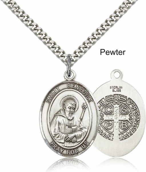 Men's Pewter Oval St. Benedict Medal - 24&quot; 2.4mm Rhodium Plate Endless Chain