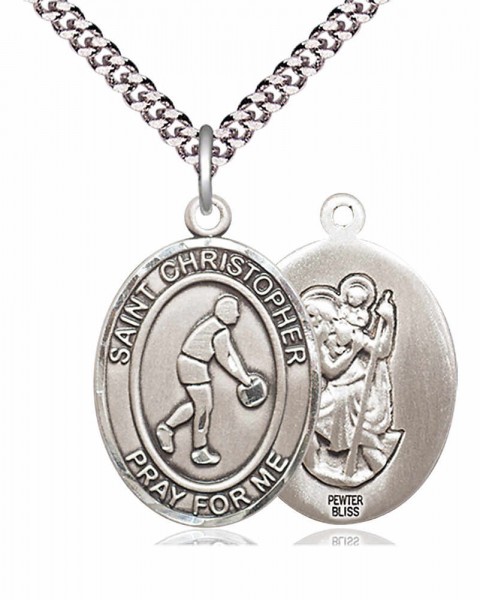 Men's Pewter Oval St. Christopher Basketball Medal - 24&quot; 2.4mm Rhodium Plate Chain + Clasp