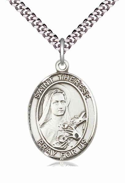 Men's Pewter Oval St. Therese of Lisieux Medal - 24&quot; 2.4mm Rhodium Plate Chain + Clasp