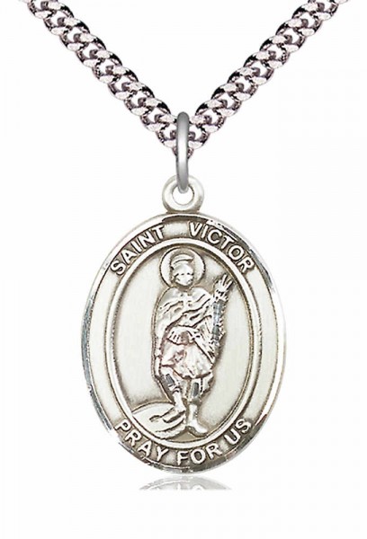 Men's Pewter Oval St. Victor of Marseilles Medal - 24&quot; 2.4mm Rhodium Plate Endless Chain