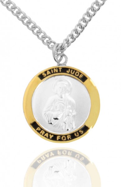 Men's Round Two-Tone Sterling Silver Saint Jude Medal - 24&quot; Sterling Silver Chain + Clasp