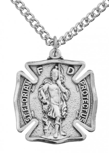 Men's Sized Sterling Silver Saint Florian Firefighter Medal - 24&quot; Stainless Steel Endless Chain