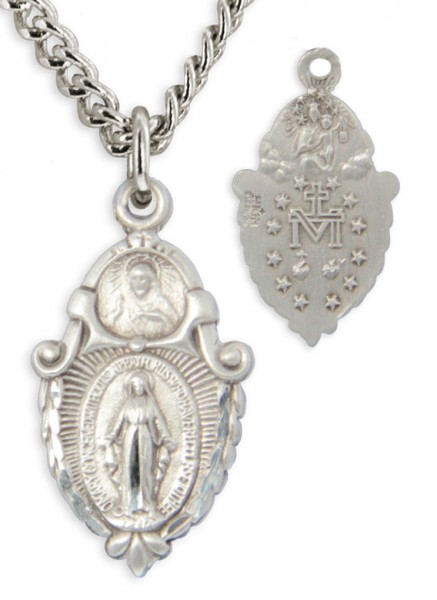 Women's Sterling Silved Sacred Heart &amp; Miraculous Pendant with Chain Options - 20&quot; 2.2mm Stainless Steel Chain with Clasp