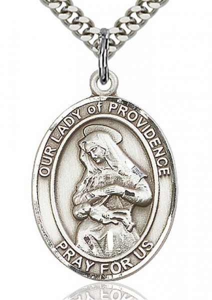 Our Lady of Providence Medal, Sterling Silver, Large - 24&quot; 2.2mm Sterling Silver Chain + Clasp