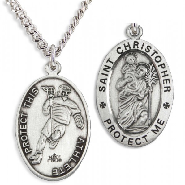 Oval Men's Saint Christopher Lacrosse Necklace - 20&quot; 2.2mm Stainless Steel Chain with Clasp