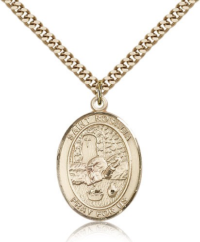 St. Rosalia Medal, Gold Filled, Large - 24&quot; 2.4mm Gold Plated Chain + Clasp