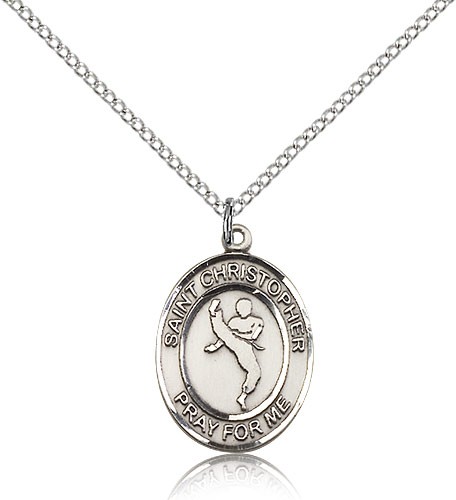 St. Christopher Martial Arts Medal, Sterling Silver, Medium - 18&quot; 1.2mm Sterling Silver Chain + Clasp