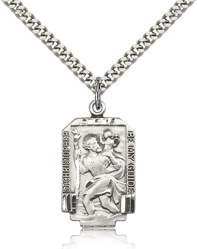 St. Christopher Medal, Sterling Silver - 24&quot; 2.4mm Rhodium Plate Endless Chain