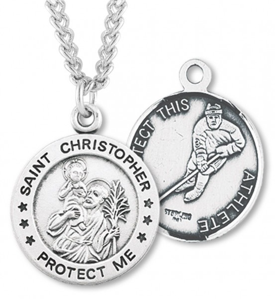 Round Men's St. Christopher Ice Hockey Necklace With Chain - 24&quot; Sterling Silver Chain + Clasp