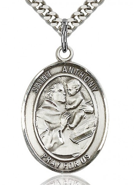 St. Anthony of Padua Medal, Sterling Silver, Large - 24&quot; 2.4mm Rhodium Plate Endless Chain