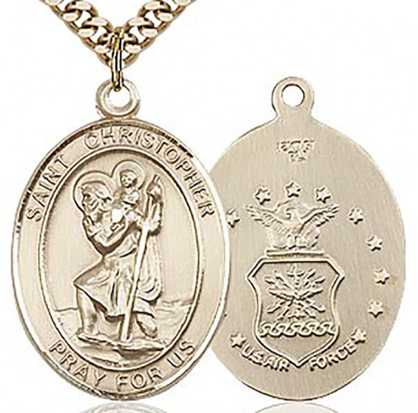 St. Christopher Air Force Medal, Gold Filled, Large - 24&quot; 2.4mm Gold Plated Endless Chain