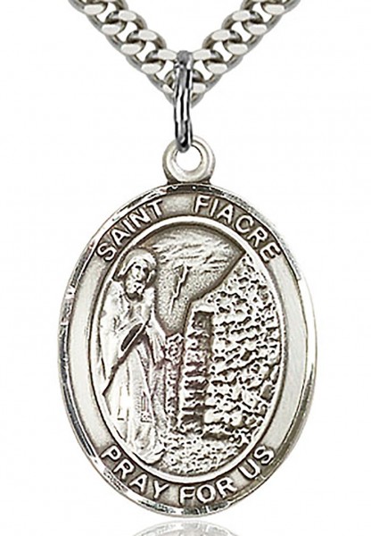 St. Fiacre Medal, Sterling Silver, Large - 24&quot; 2.4mm Rhodium Plate Chain + Clasp