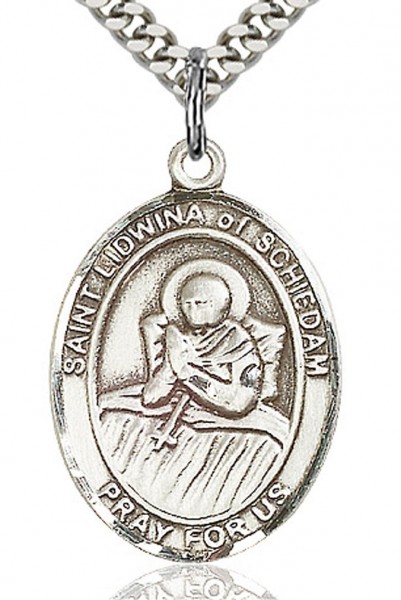 St. Lidwina of Schiedam Medal, Sterling Silver, Large - 24&quot; 2.4mm Rhodium Plate Endless Chain