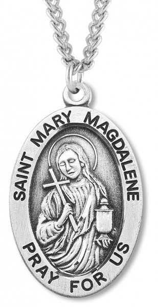 Men's St. Mary Magdalene Necklace Oval Sterling Silver with Chain Options - 20&quot; 2.2mm Stainless Steel Chain with Clasp