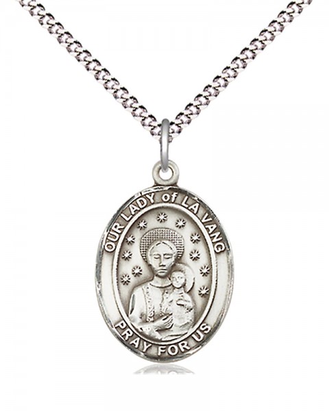 Women's Pewter Oval Our Lady of La Vang Medal - 18&quot; Rhodium Plated Heavy Chain + Clasp