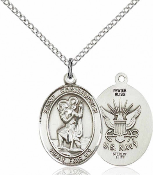 Women's Pewter Oval St. Christopher Navy Medal - 18&quot; Rhodium Plated Heavy Chain + Clasp