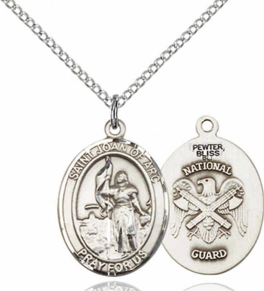 Women's Pewter Oval St. Joan of Arc National Guard Medal - 18&quot; Rhodium Plated Heavy Chain + Clasp