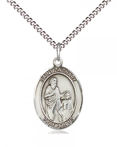 Women's Pewter Oval St. Zachary Medal - 18&quot; Rhodium Plated Medium Chain + Clasp