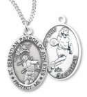 Girl's Oval Double-Sided Basketball Necklace with Saint Sebastian Back in Sterling Silver