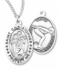 Girl's Oval Double-Sided Swimming Necklace with Saint Christopher in Sterling Silver