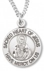 Womens Sacred Heart of Jesus Necklace Round, Sterling Silver with Chain Options