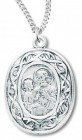 Women's Sterling Silver Oval Saint Joseph Necklace Fancy Scroll Border with Chain Options