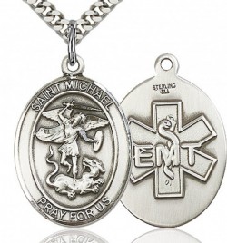 Men's Pewter Oval St. Christopher Medal with Blue Enamel + 24 2.4mm Rhodium Plate Chain + Clasp